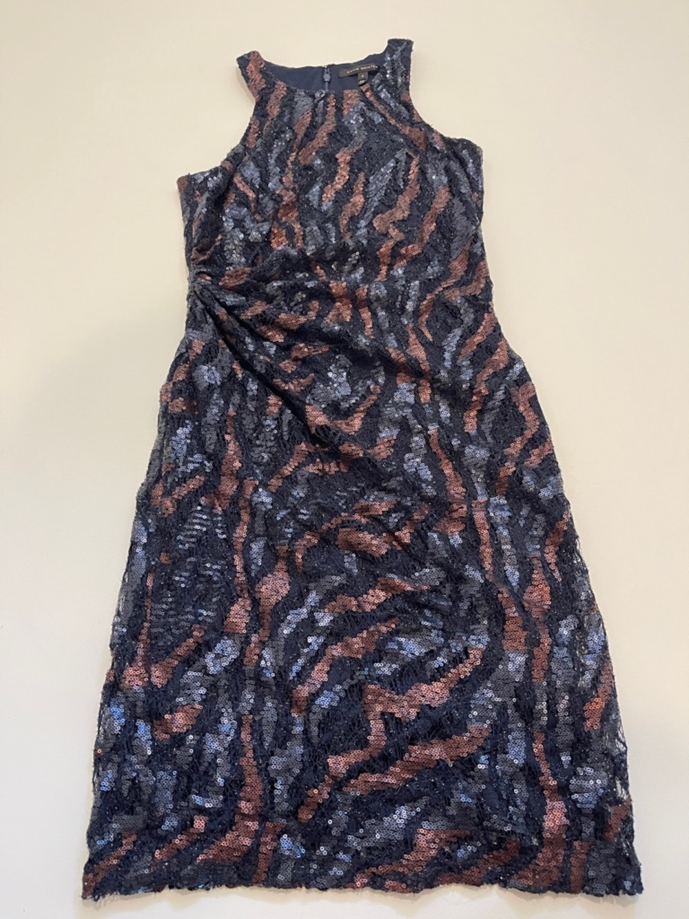 David Meister Navy and Copper Sequin Midi Cocktail Dress